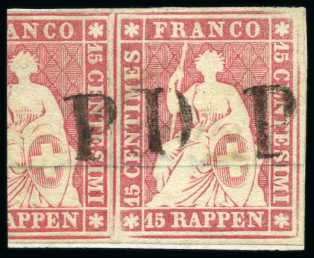 Stamp of Switzerland / Schweiz » Sitzende Helvetia Ungezähnt » Münchner Druck, 2. Auflage 15Rp rosa, mit schwarzem PD (AW Nr. 326) entwertet