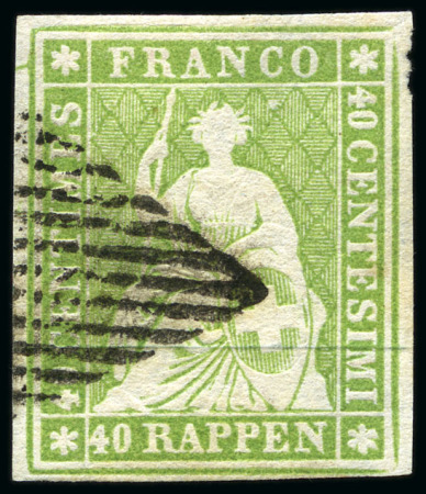 Stamp of Switzerland / Schweiz » Sitzende Helvetia Ungezähnt » Münchner Druck, 2. Auflage 40Rp hellgrün, sauber mit schwarzer Raute entwertet