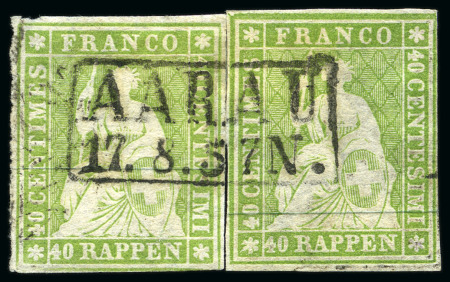 Stamp of Switzerland / Schweiz » Sitzende Helvetia Ungezähnt » Münchner Druck, 2. Auflage 40Rp hellgrün, zwei Exemplare