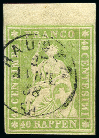 Stamp of Switzerland / Schweiz » Sitzende Helvetia Ungezähnt » 1856-57 Berner Druck (II) 40Rp grün mit Rundstempel HAUSEN 27 AVRIL 58 entwertet