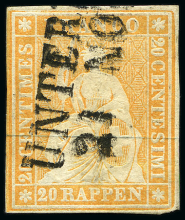 Stamp of Switzerland / Schweiz » Sitzende Helvetia Ungezähnt » 1854-55 Berner Druck (I) 20Rp orange entwertet mit Stabstempel UNTER