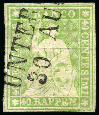 Stamp of Switzerland / Schweiz » Sitzende Helvetia Ungezähnt » 1856-57 Berner Druck (II) 40Rp grün entwertet mit Stabstempel UNTER