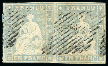 Stamp of Switzerland / Schweiz » Sitzende Helvetia Ungezähnt » 1856-57 Berner Druck (II) 1Fr violettgrau im Paar, mit schwarzer Raute