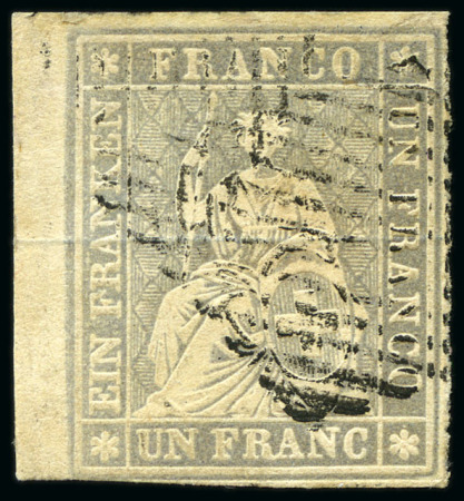 Stamp of Switzerland / Schweiz » Sitzende Helvetia Ungezähnt » 1856-57 Berner Druck (II) 1Fr violettgrau mit schwarzer Raute entwertet