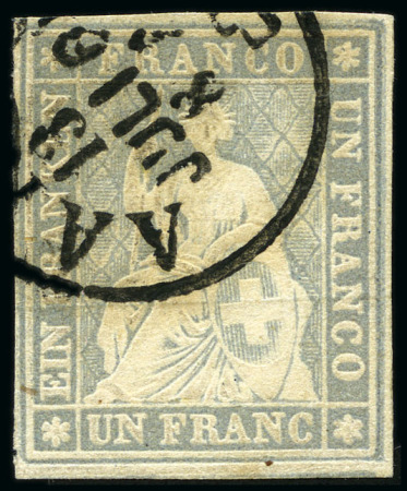 Stamp of Switzerland / Schweiz » Sitzende Helvetia Ungezähnt » 1856-57 Berner Druck (II) 1Fr violettgrau, entwertet mit Rundstempel