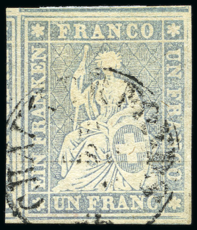 Stamp of Switzerland / Schweiz » Sitzende Helvetia Ungezähnt » 1856-57 Berner Druck (III) 1Fr violettgrau, entwertet mit Rundstempel
