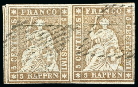 Stamp of Switzerland / Schweiz » Sitzende Helvetia Ungezähnt » III. Periode, dünnes Seidenpapier 5Rp mattgraubraun, waagr. Paar entwertet Raute