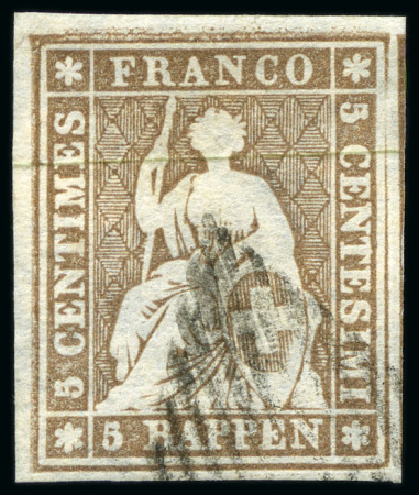Stamp of Switzerland / Schweiz » Sitzende Helvetia Ungezähnt » III. Periode, dünnes Seidenpapier 5Rp mattgraubraun, sehr sauber mit Raute entwertet