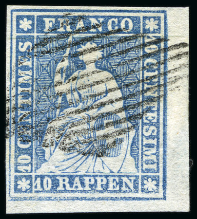 Stamp of Switzerland / Schweiz » Sitzende Helvetia Ungezähnt » III. Periode, dünnes Seidenpapier 10Rp blau, entwertet Raute