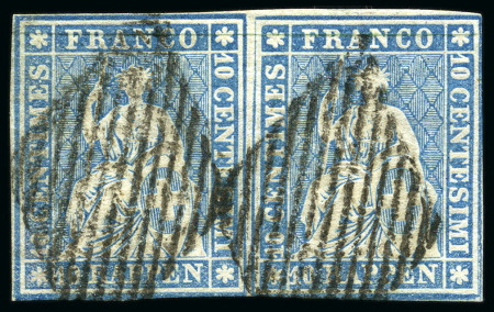 Stamp of Switzerland / Schweiz » Sitzende Helvetia Ungezähnt » III. Periode, dünnes Seidenpapier 10Rp blau im Paar, entwertet Raute