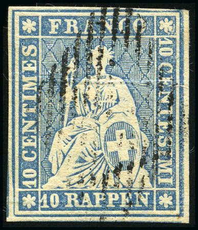 Stamp of Switzerland / Schweiz » Sitzende Helvetia Ungezähnt » III. Periode, dünnes Seidenpapier 10Rp blau, entwertet Raute, sehr gut gerandet