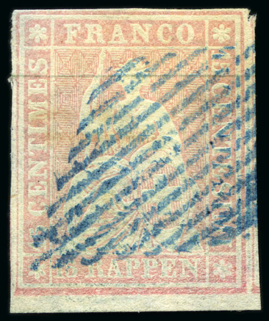 Stamp of Switzerland / Schweiz » Sitzende Helvetia Ungezähnt » III. Periode, dünnes Seidenpapier 15Rp rosa, mit blauer Raute entwertet, weissrandig