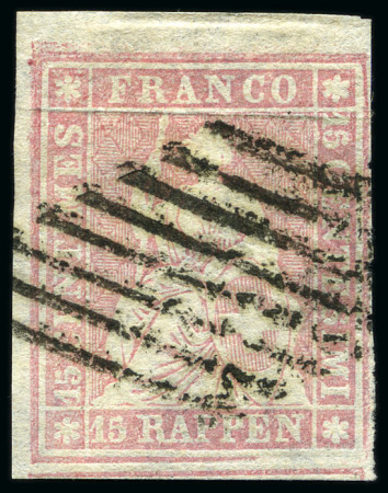 Stamp of Switzerland / Schweiz » Sitzende Helvetia Ungezähnt » III. Periode, dünnes Seidenpapier 15Rp rosa, entwertet Raute