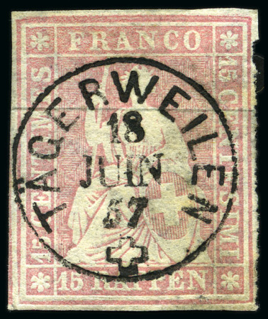 Stamp of Switzerland / Schweiz » Sitzende Helvetia Ungezähnt » III. Periode, dünnes Seidenpapier 15Rp rosa mit klarem Vollstempel TÄGERWEILEN