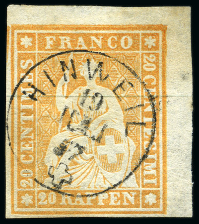 Stamp of Switzerland / Schweiz » Sitzende Helvetia Ungezähnt » III. Periode, dünnes Seidenpapier 20Rp orange mit klarem Vollstempel HINWEIL 19 MAI 57