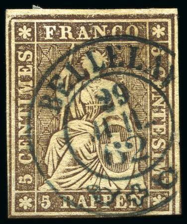 Stamp of Switzerland / Schweiz » Sitzende Helvetia Ungezähnt » 1857-62 Berner Druck, Dickes Papier BELLELAY: Fünf G-Marken: 22G, 23G, 24G(2) und 26G