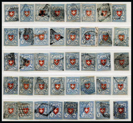 Stamp of Switzerland / Schweiz » Rayonmarken » Rayon I, hellblau, ohne KE (DIVERSE) Komplette Typentafel aller 40 Typen