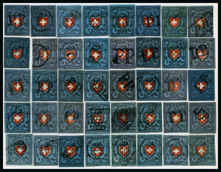 Stamp of Switzerland / Schweiz » Rayonmarken » Rayon I, dunkelblau ohne Kreuzeinfassung Komplette Typentafel aller 40 Typen, versch. Nuancen