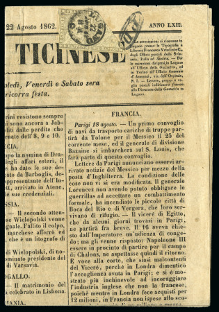 Stamp of Switzerland / Schweiz » Sitzende Helvetia Ungezähnt » 1857-62 Berner Druck, Dickes Papier 2Rp grau 1 1/2 Stück "TESSINER PROVISORIUM"