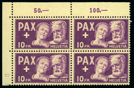 Stamp of Switzerland / Schweiz 1945 PAX-Satz, Eckbogen oder Bogenrand Viererblöcke