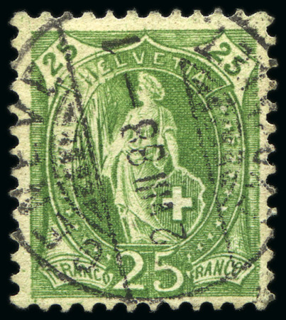 Stamp of Switzerland / Schweiz » Stehende Helvetia 1882-93 25C gelblichgrün, gezähnt 11 3/4