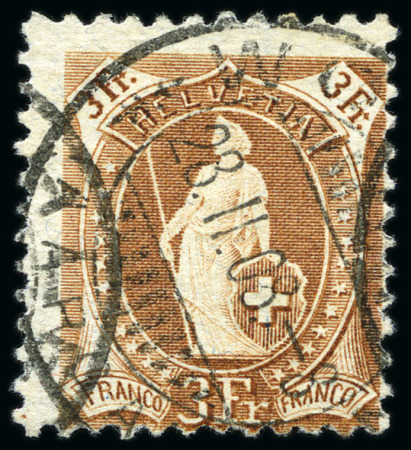 Stamp of Switzerland / Schweiz » Stehende Helvetia 1907 3Fr. hellbraun, Feld 33, Druckplatte Ia