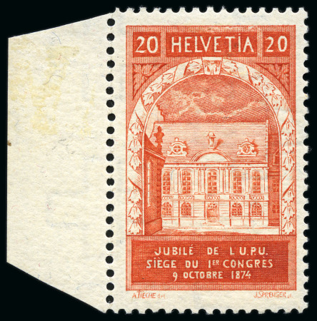 Stamp of Switzerland / Schweiz 1924 Weltpostverein 20C rot, mit GRÜNEM Gummi