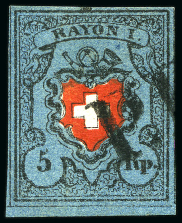 Stamp of Switzerland / Schweiz » Rayonmarken » Rayon I, dunkelblau mit Kreuzeinfassung Type 38 mit scharzem PP entwertet