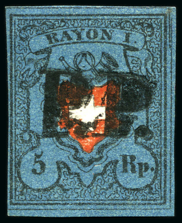 Stamp of Switzerland / Schweiz » Rayonmarken » Rayon I, dunkelblau mit Kreuzeinfassung Type 38 mit schwarzem PP entwertet