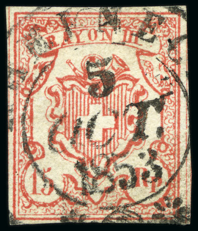 Stamp of Switzerland / Schweiz » Rayonmarken » Rayon III (grosse Ziffer) Type 8 mit Rundstempel RHEINECK 5 OCT. 1853