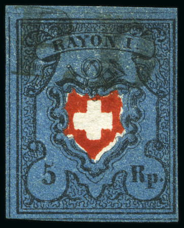 Stamp of Switzerland / Schweiz » Rayonmarken » Rayon I, dunkelblau ohne Kreuzeinfassung Type 7 mit schwarzem PD entwertet, breitrandig
