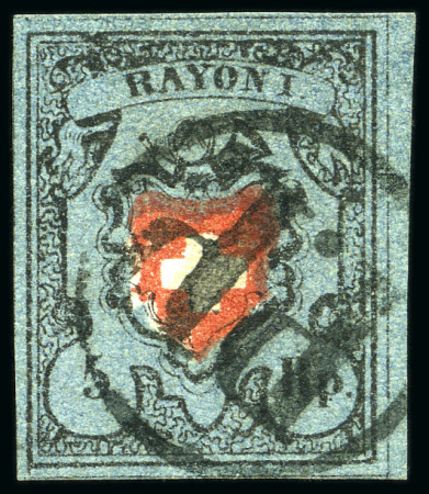 Stamp of Switzerland / Schweiz » Rayonmarken » Rayon I, dunkelblau ohne Kreuzeinfassung Type 8 mit schwarzem PP von Aarau entwertet