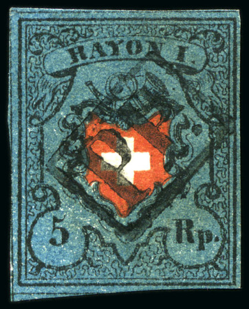 Stamp of Switzerland / Schweiz » Rayonmarken » Rayon I, dunkelblau ohne Kreuzeinfassung Type 12 mit schwarzem PP im Kästchen entwertet