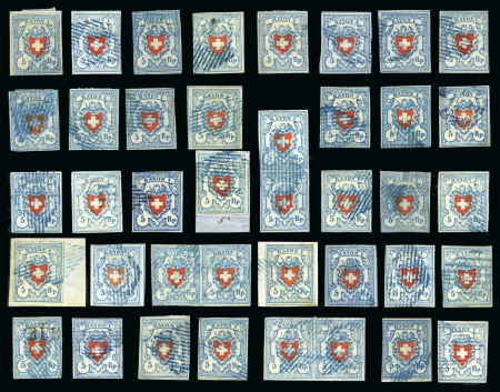 Stamp of Switzerland / Schweiz » Rayonmarken » Rayon I, hellblau, ohne KE (DIVERSE) Komplette Typentafel aller 40 Typen