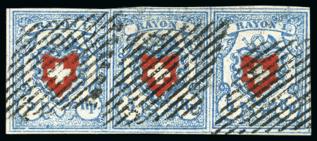 Stamp of Switzerland / Schweiz » Rayonmarken » Rayon I, hellblau, ohne KE (STEIN U) Type 34+35+36 U/RO als Dreierstreifen