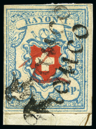 Stamp of Switzerland / Schweiz » Rayonmarken » Rayon I, hellblau, ohne KE (STEIN C2) Type 40 C2/RO entwertet mit rotem Tintenstrich