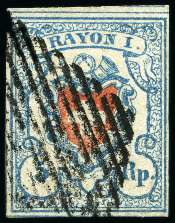 Stamp of Switzerland / Schweiz » Rayonmarken » Rayon I, hellblau, ohne KE (STEIN U) Type 34 U/LO entwertet Raute, allseits breitrandig
