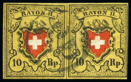 Stamp of Switzerland / Schweiz » Rayonmarken » Rayon II, gelb, ohne Kreuzeinfassung (STEIN A 1) Type 17+18 A1/O im Paar, mit PP im Oval entwertet