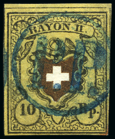 Stamp of Switzerland / Schweiz » Rayonmarken » Rayon II, gelb, ohne Kreuzeinfassung (STEIN A 2) Type 7 A2/RU mit blauem P.P. im Kreis entwertet