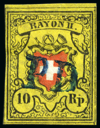 Stamp of Switzerland / Schweiz » Rayonmarken » Rayon II, gelb, ohne Kreuzeinfassung (STEIN A 3) Type 8 A3/RO mit blauem PD von Bern entwertet