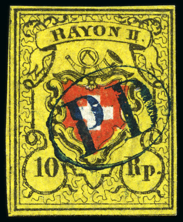 Stamp of Switzerland / Schweiz » Rayonmarken » Rayon II, gelb, ohne Kreuzeinfassung (STEIN A 3) Type 34 A3/LO mit blauem PD im Oval entwertet