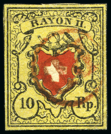 Stamp of Switzerland / Schweiz » Rayonmarken » Rayon II, gelb, ohne Kreuzeinfassung (STEIN D) Type 24 D/LU mit rotem PD im Kreis von Genf entwertet