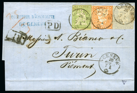 Stamp of Switzerland / Schweiz » Sitzende Helvetia Ungezähnt » 1856-57 Berner Druck (III) 1Fr violettgrau mit 40Rp grün und 20Rp