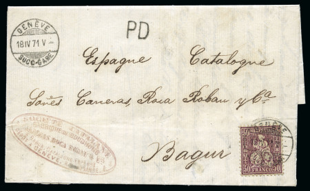 Stamp of Switzerland / Schweiz » Sitzende Helvetia Gezaehnt » Destinationen SPANIEN 1871: 50C lila sauber