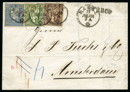 Stamp of Switzerland / Schweiz » Sitzende Helvetia Gezaehnt » Destinationen NIEDERLANDE 1864: 40C grün, 10C blau und 5C braun