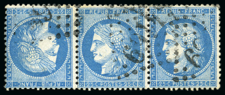 Stamp of France Cérès 25c bleu TETE-BECHE en bande de trois obl.