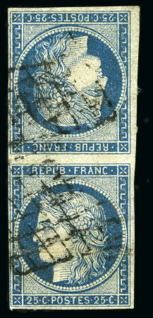Stamp of France 1849 25c bleu en paire TETE-BECHE obl. Grille