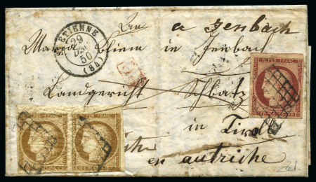 Stamp of France 1849 1F carmin + paire du 10c bistre, bien margés