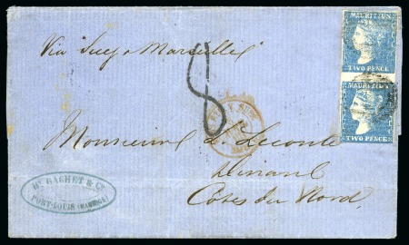 Stamp of Mauritius » 1859 Dardenne Issue (SG 41-44) 1859 Dardenne 2d pale blue vertical pair on cover 