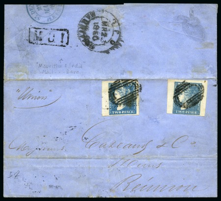 Stamp of Mauritius » 1859 Dardenne Issue (SG 41-44) 1859 Dardenne 2d. bright blue, two singles with clear to huge margins, on 1860 cover from Port Louis to Réunion